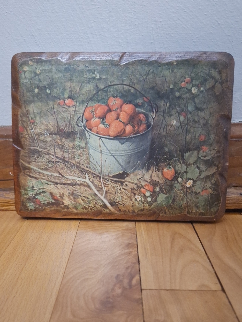 Vintage Decorative Plaque with Bucket of Strawberries - Red, Green, Brown